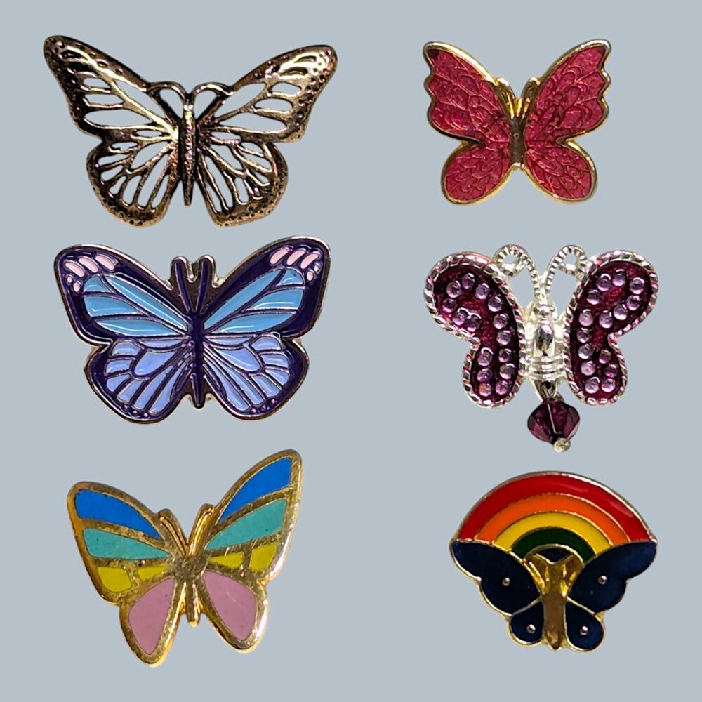 Butterfly Brooch Hat Lapel Pin Lot Of 6 Rainbow Cloisonné Filligree